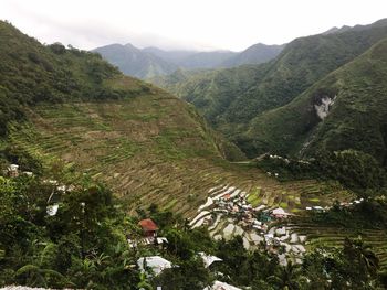 High angle view of mountains against sky