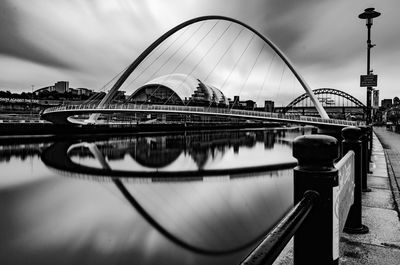 Bridge over river against cloudy sky