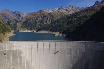 Scenic view of lake by mountains against sky