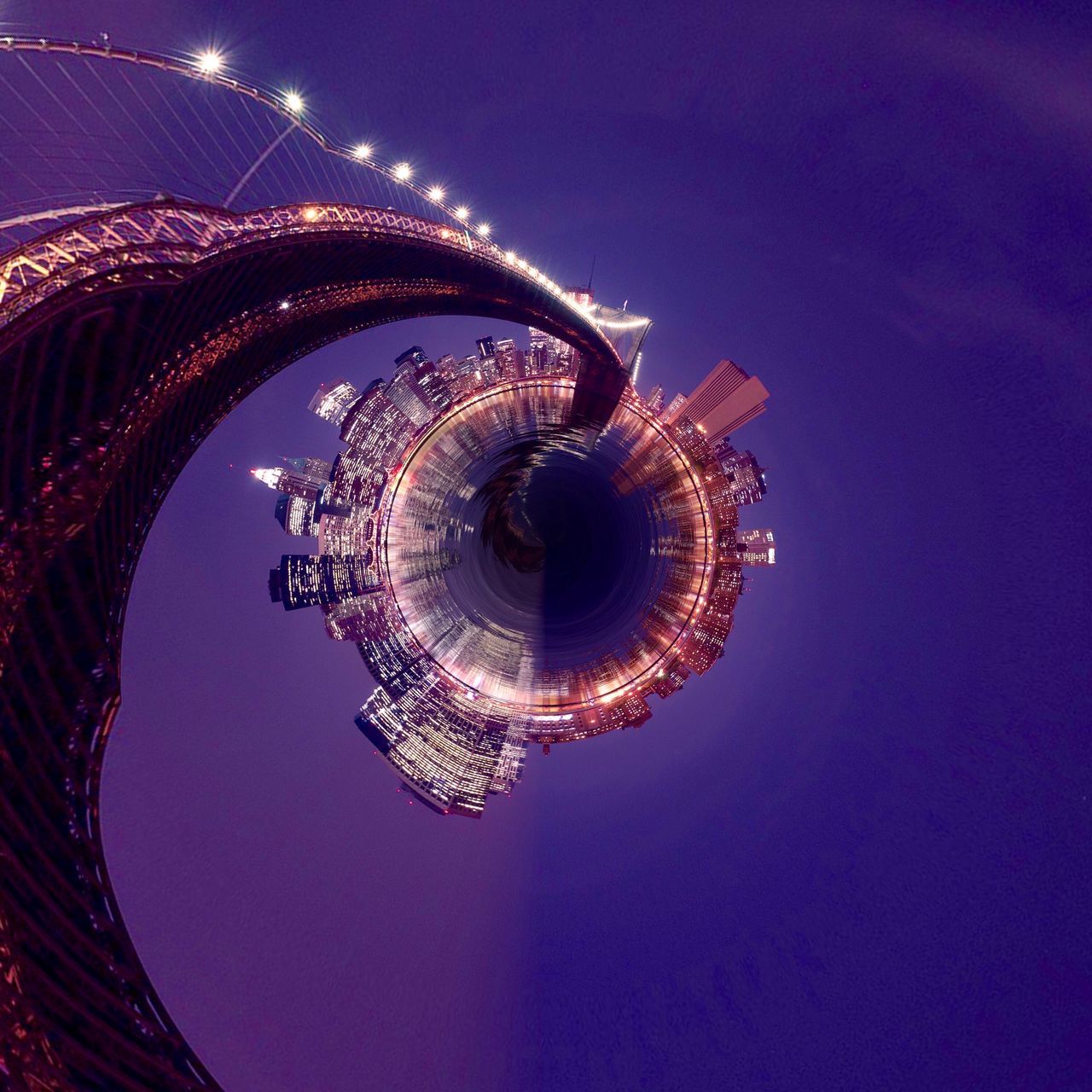 architecture, building exterior, built structure, illuminated, sky, low angle view, nature, city, spiral, night, no people, blue, outdoors, office building exterior, building, lighting equipment, skyscraper, motion, sphere, modern, digital composite, purple, directly below