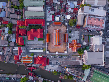 High angle view of street amidst buildings