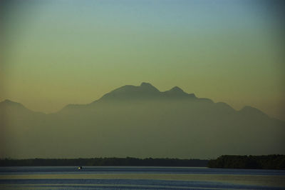 Scenic view of lake against clear sky during sunset