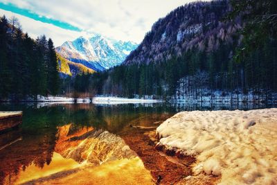 Scenic view of lake and mountains against sky