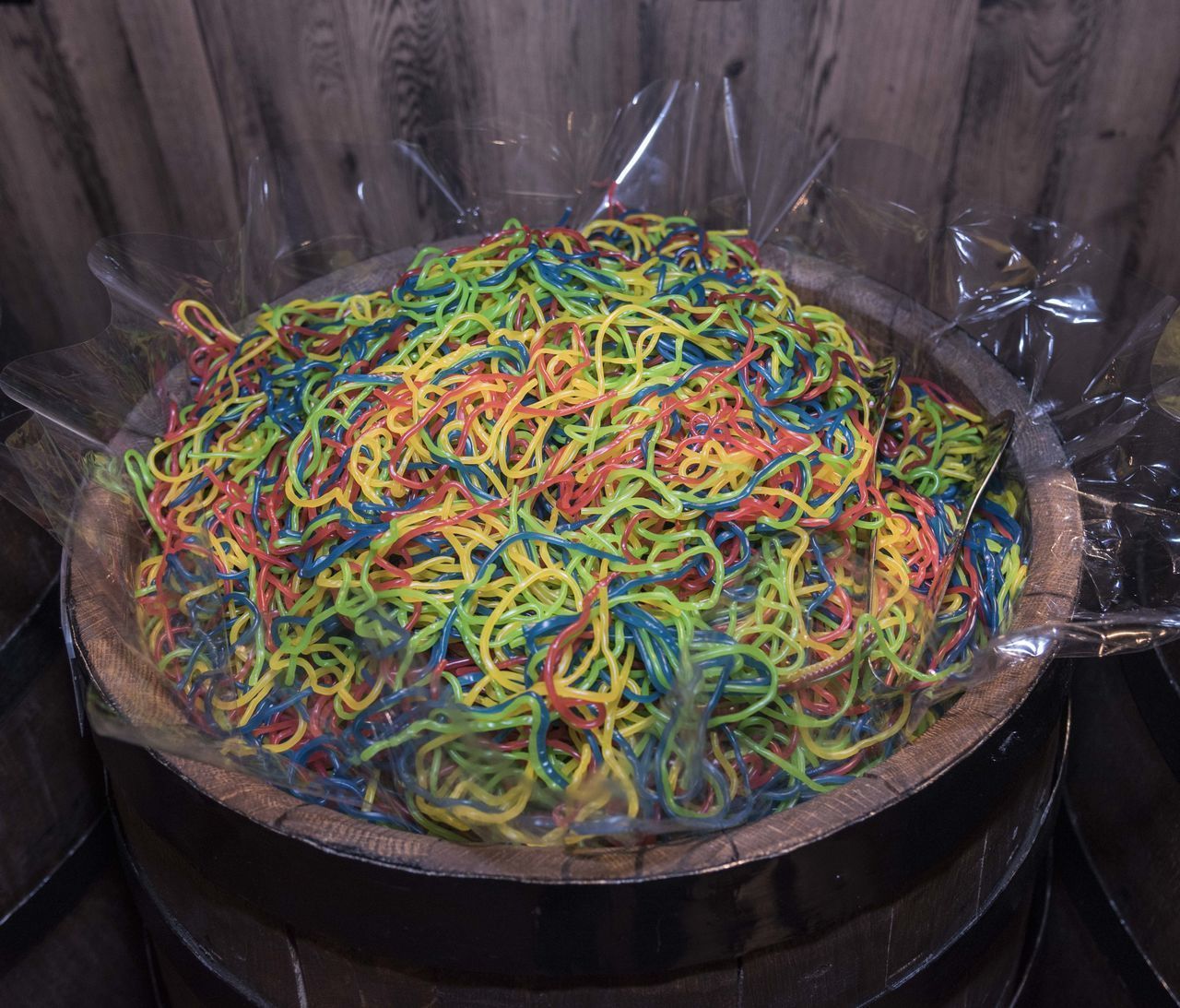 HIGH ANGLE VIEW OF MULTI COLORED CANDIES IN KITCHEN