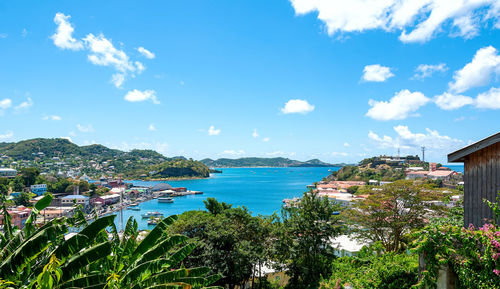 Scenic view of sea and houses against sky