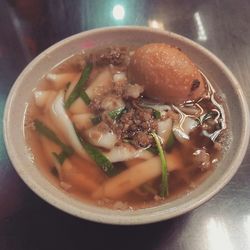 High angle view of soup in bowl