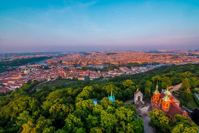 Aerial view of cityscape against sky during sunset