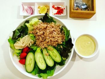 High angle view of salad in bowl on table