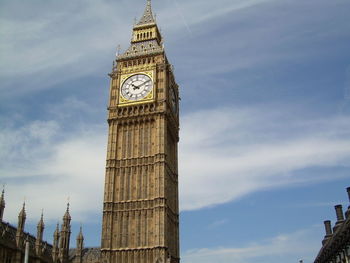 Low angle view of big ben against cloudy sky in city