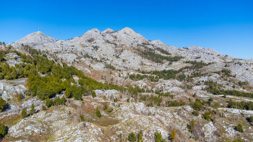 Low angle view of mountain against clear blue sky