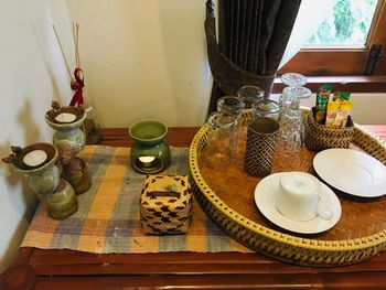 High angle view of breakfast on table