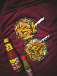 High angle view of meal served on table