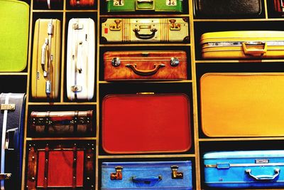 Full frame shot of various suitcases for sale