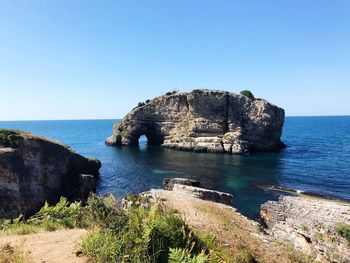 Scenic view of sea against clear blue sky