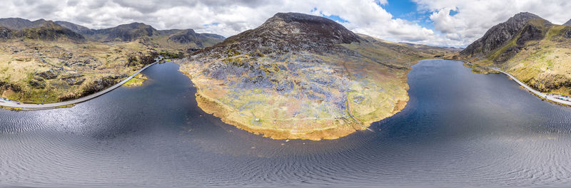 Panoramic view of lake and mountains against sky