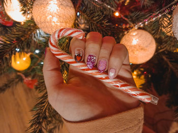 Close-up of hand holding christmas tree