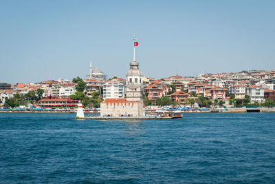 Buildings in city against clear blue sky