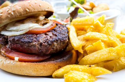 Close-up of burger and fries