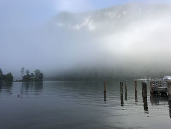 Scenic view of lake during foggy weather