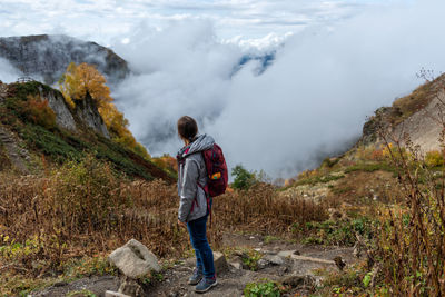 Rear view of man standing on mountain