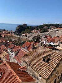 High angle view of townscape against clear blue sky