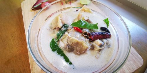 High angle view of food in plate on table