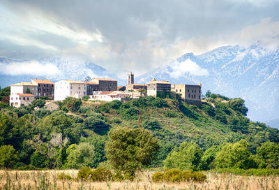 Panoramic view of trees and buildings against sky