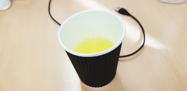 High angle view of tea cup on table
