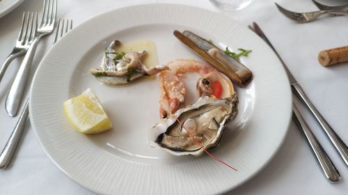 High angle view of food in plate on table