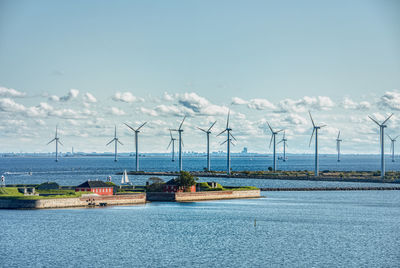 Windmills on shore against sky