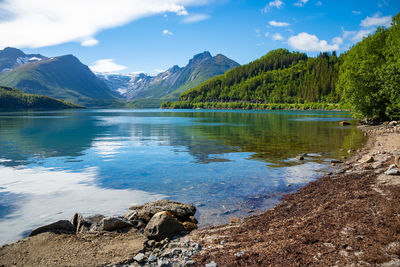 Scenic view of lake and mountains against sky