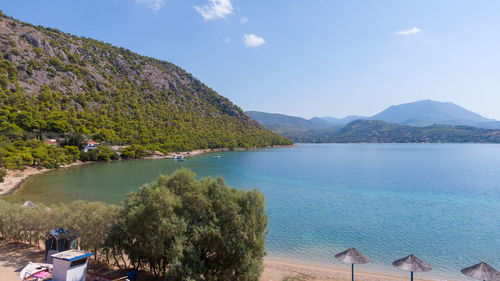 Scenic view of sea and mountains against sky