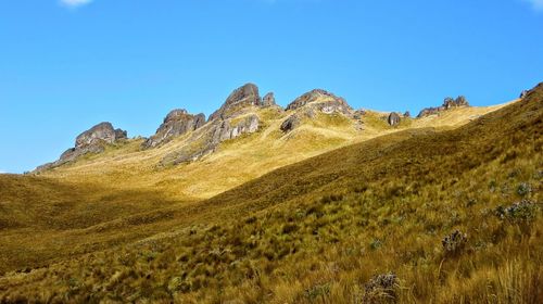 View of mountain range against blue sky