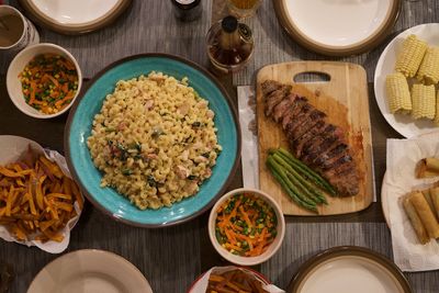 High angle view of food served on table