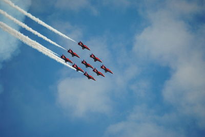 Low angle view of fighter planes flying against sky during airshow