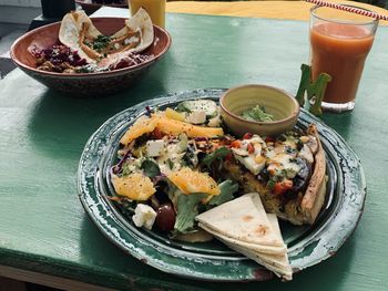 High angle view of breakfast served on table