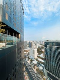 High angle view of buildings against sky