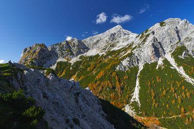 Scenic view of snowcapped mountains against sky  in triglav national park slovenia 