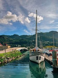 Boats moored at harbor