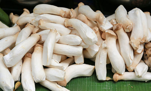 High angle view of chopped mushrooms on table