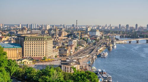 View of the dnieper river and the city of kyiv, ukraine, from the pedestrian bridge 