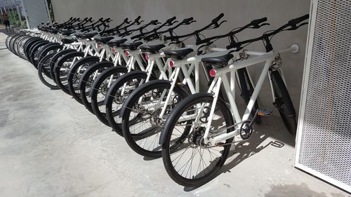 Bicycles hanging in row