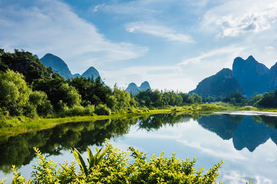 Scenic view of lake and mountains against sky