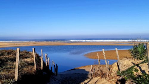 Panoramic shot of sea against clear blue sky