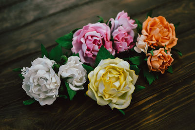 High angle view of roses on table