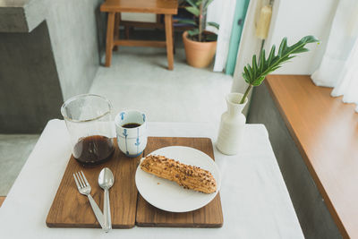 High angle view of breakfast on table