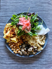 High angle view of breakfast served on table