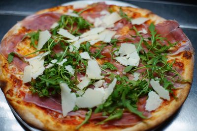 Close-up of pizza served in plate