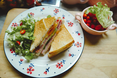 High angle view of breakfast on table