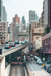 View of city street and buildings against sky